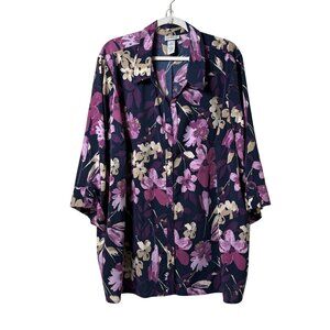 Catherines Button Front Top Womens 3X Purple Tan Floral 3/4 Roll Sleeve Blouse